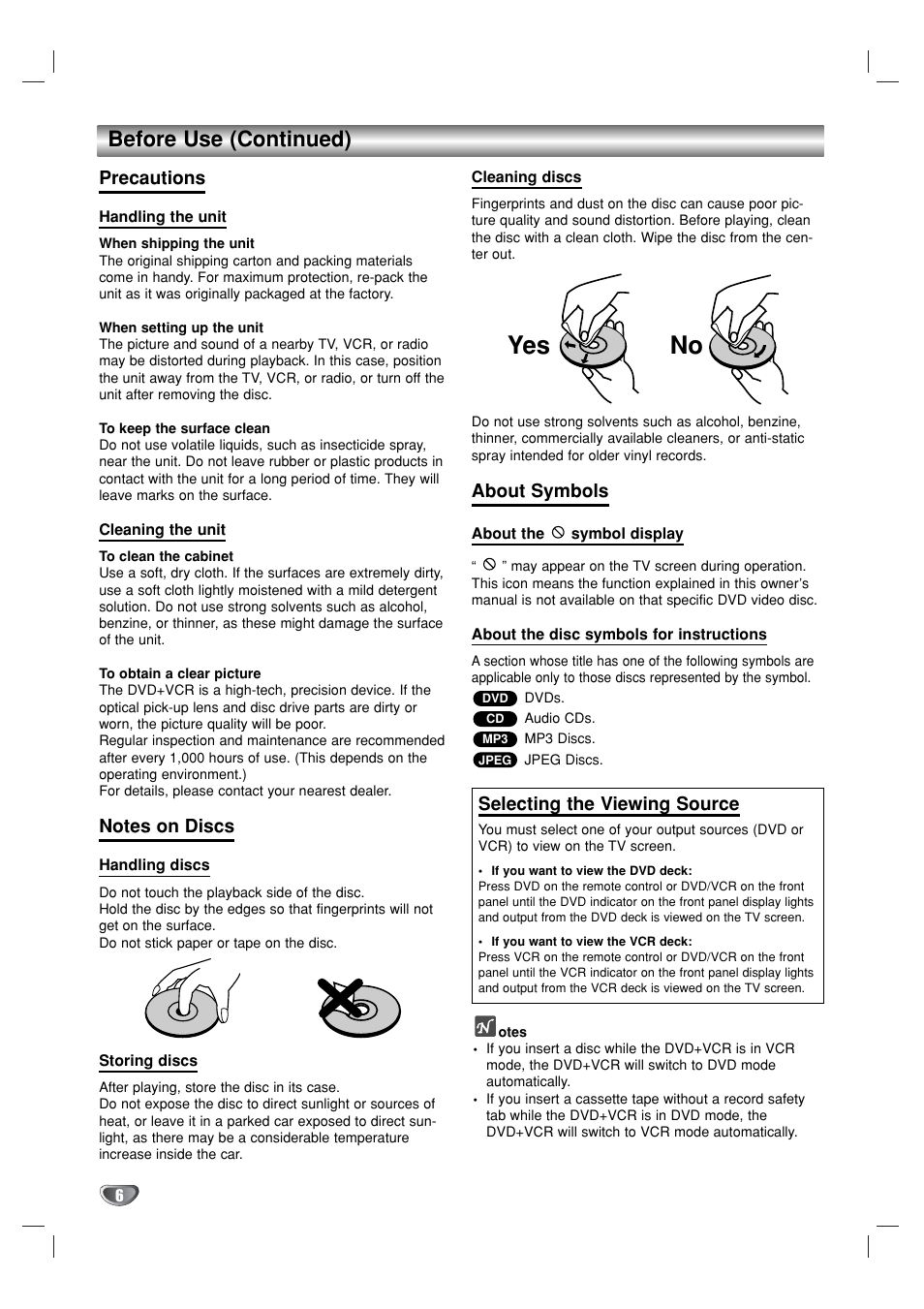 No yes, Before use (continued), Precautions | About symbols, Selecting the viewing source | GoVideo DVR1000 User Manual | Page 6 / 38