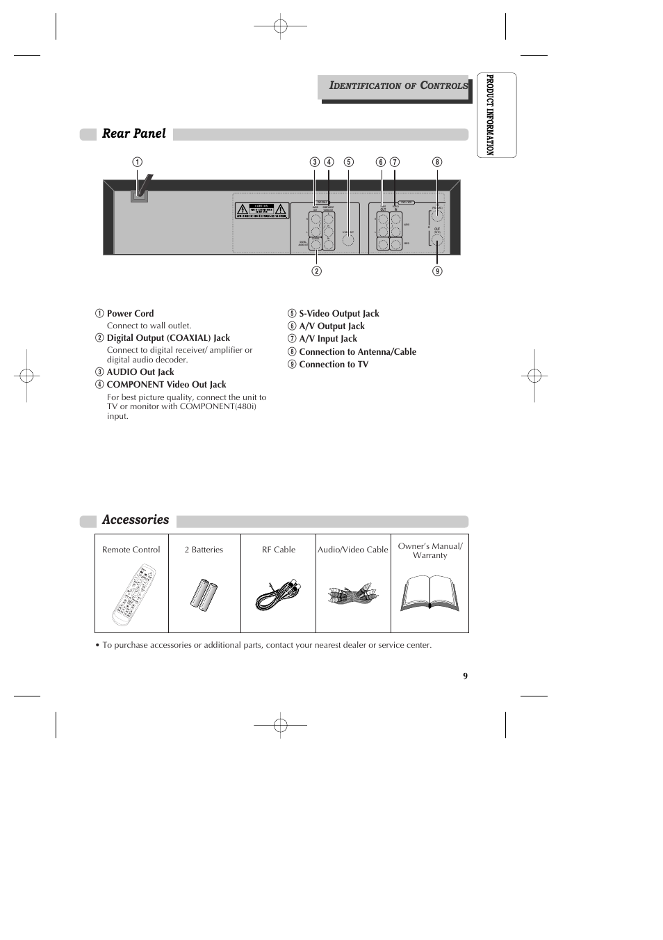 Rear panel, Accessories, 9product informa tion | Power cord, Digital output (coaxial) jack, Audio out jack $ component video out jack | GoVideo DV1040 User Manual | Page 10 / 59