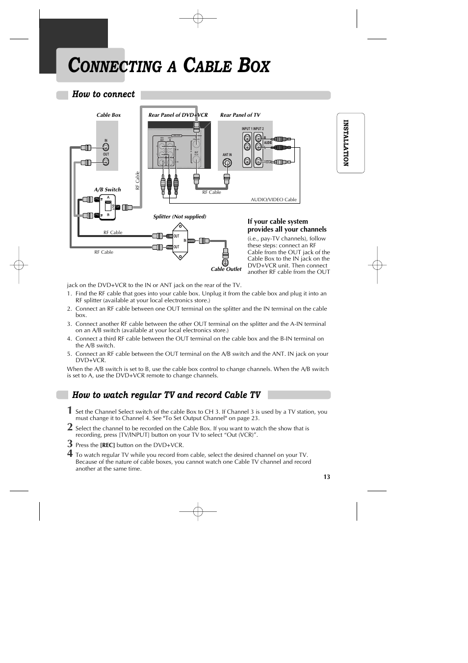 Onnecting a, Able, How to connect | How to watch regular tv and record cable tv | GoVideo DV1040 User Manual | Page 14 / 59