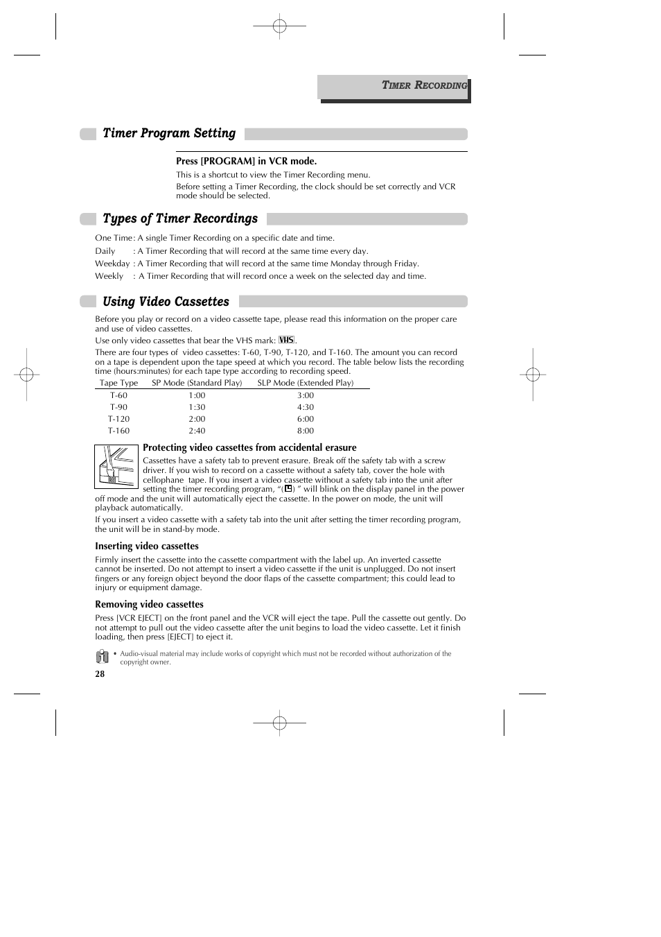 Using video cassettes, Types of timer recordings, Timer program setting | GoVideo DV1040 User Manual | Page 29 / 59