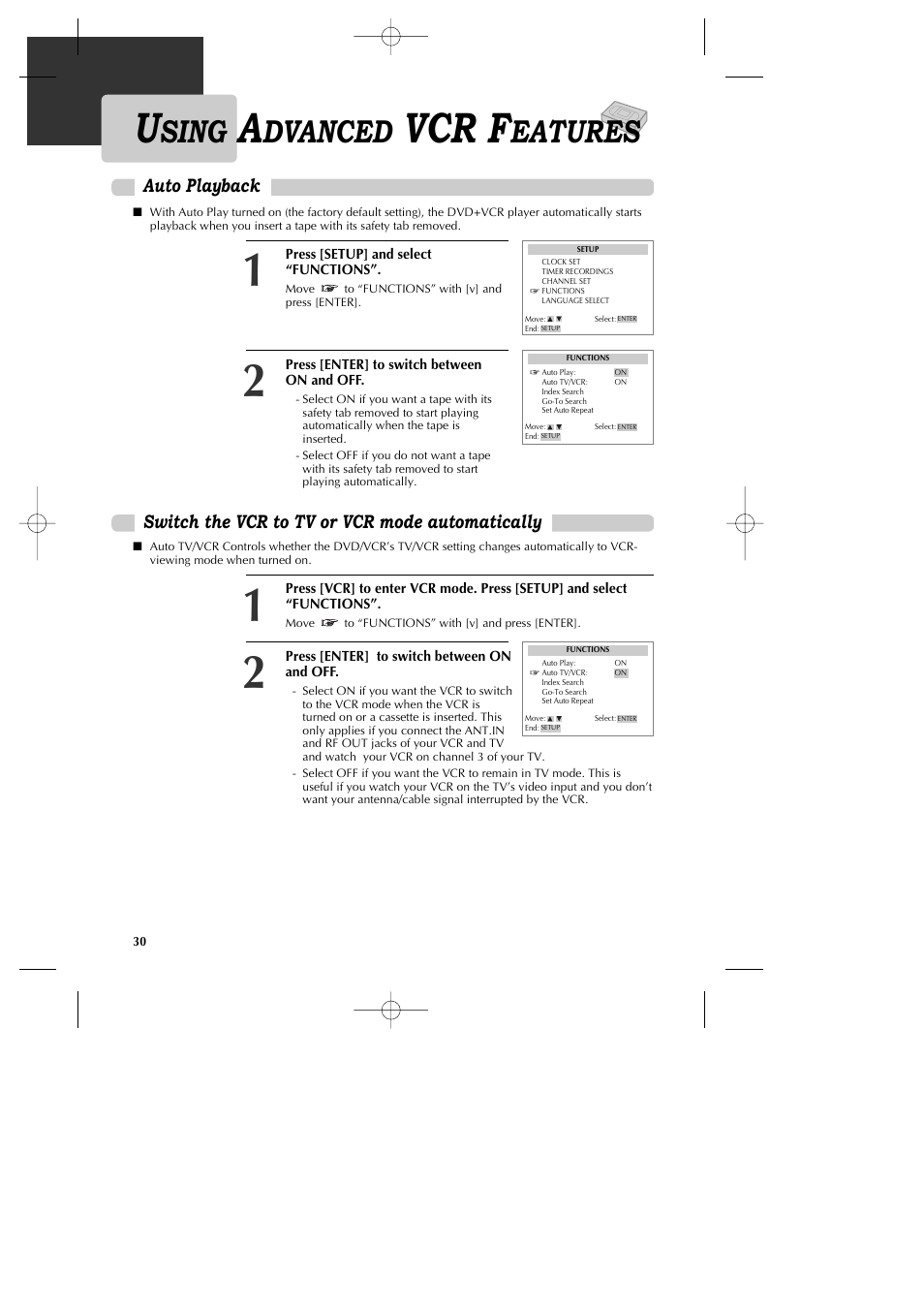 Vcr f, Sing, Dvanced | Eatures, Auto playback, Switch the vcr to tv or vcr mode automatically | GoVideo DV1040 User Manual | Page 31 / 59