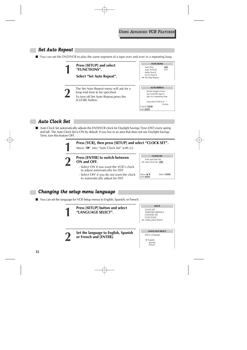 Changing the setup menu language, Auto clock set, Set auto repeat | GoVideo DV1040 User Manual | Page 33 / 59