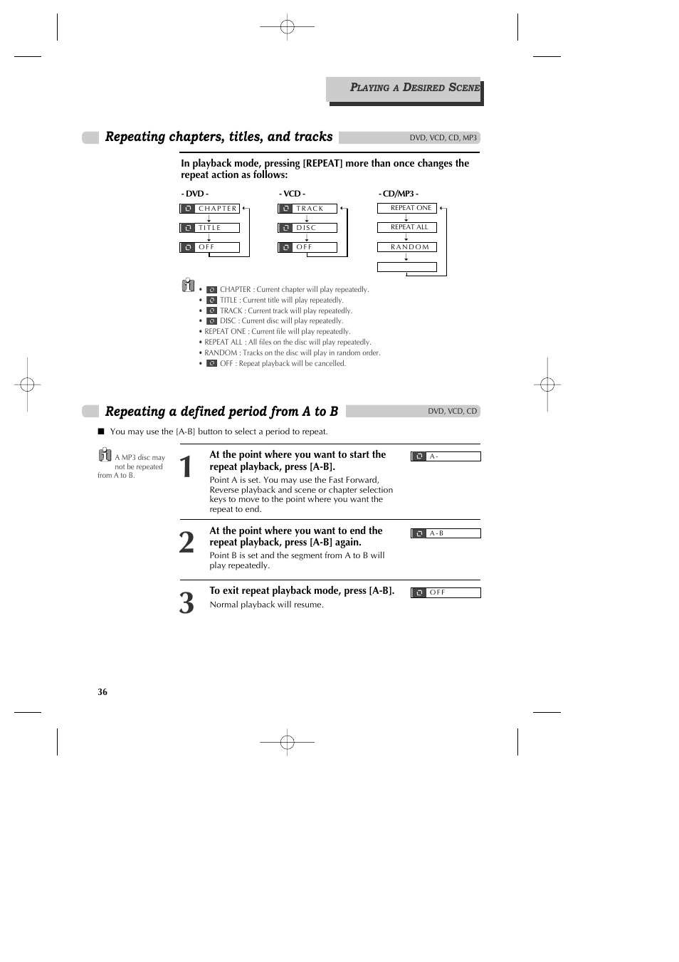 Repeating chapters, titles, and tracks, Repeating a defined period from a to b | GoVideo DV1040 User Manual | Page 37 / 59