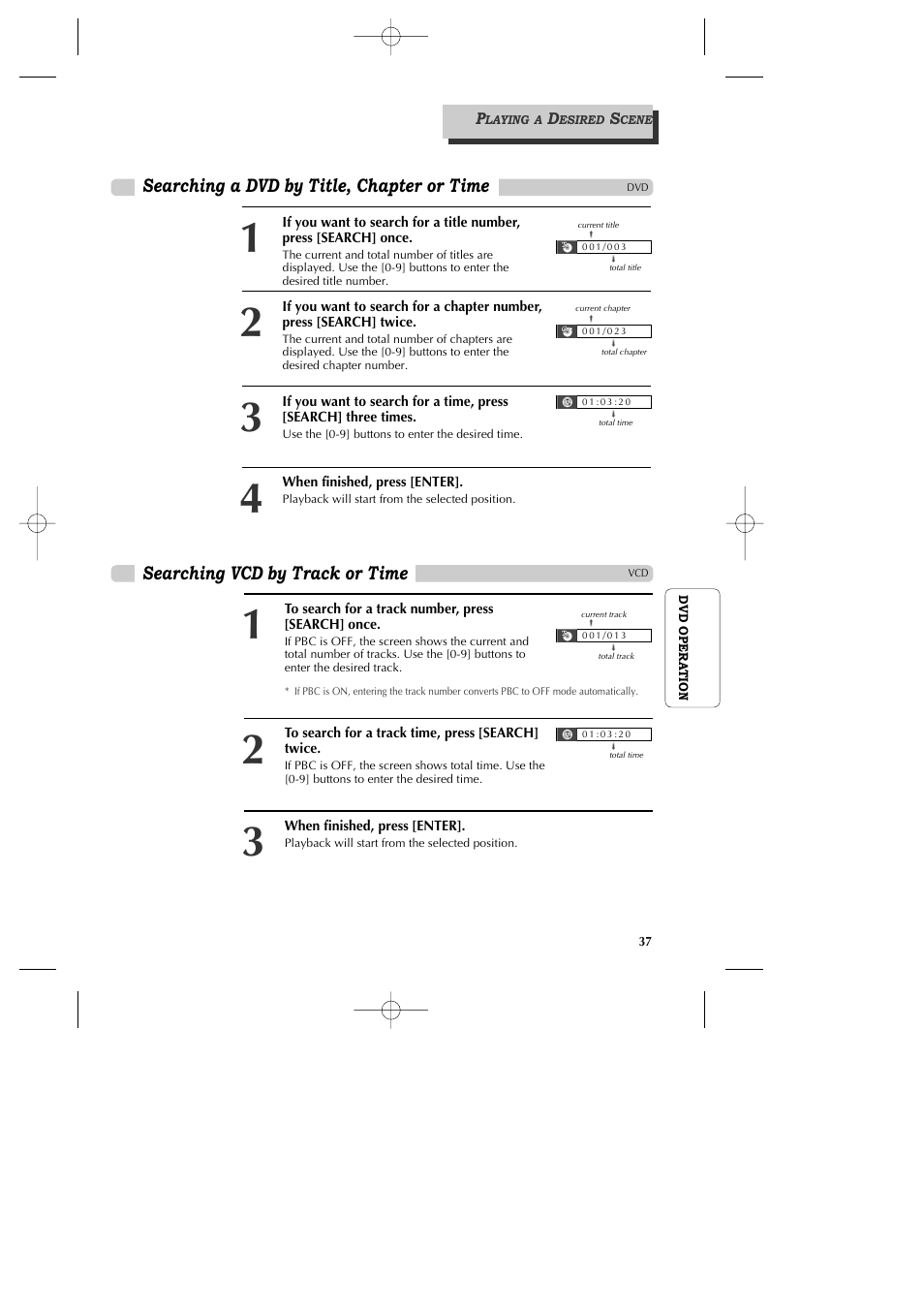 Searching a dvd by title, chapter or time, Searching vcd by track or time | GoVideo DV1040 User Manual | Page 38 / 59