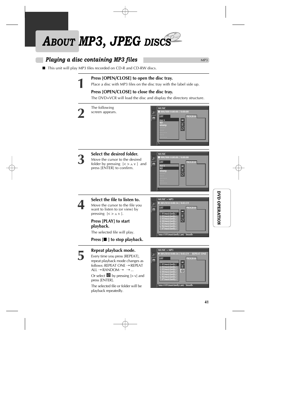 Mp3, jpeg, Bout, Discs | Playing a disc containing mp3 files | GoVideo DV1040 User Manual | Page 42 / 59