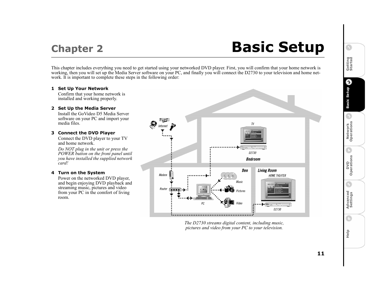 Chapter 2 basic setup, 1 set up your network, 2 set up the media server | 3 connect the dvd player, 4 turn on the system, 2 - basic setup, Basic setup, Chapter 2 | GoVideo DVP950 User Manual | Page 11 / 62