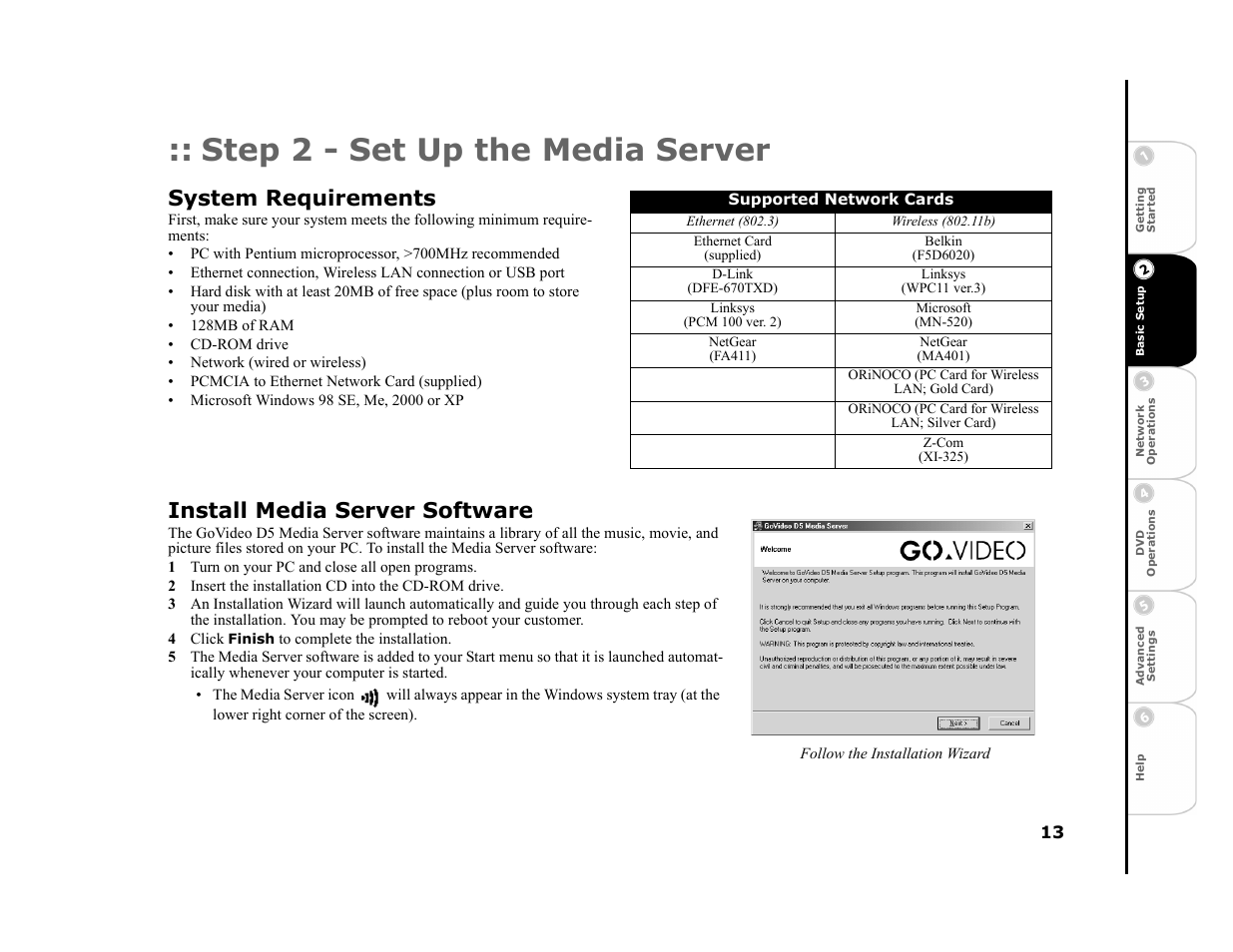 Step 2 - set up the media server, System requirements, Install media server software | 1 turn on your pc and close all open programs, 2 insert the installation cd into the cd-rom drive, 4 click finish to complete the installation | GoVideo DVP950 User Manual | Page 13 / 62
