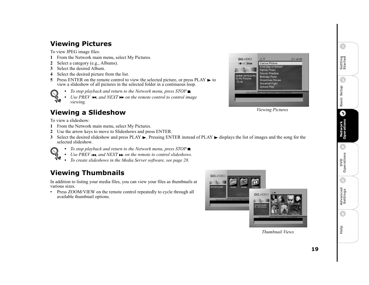 Viewing pictures, 1 from the network main menu, select my pictures, 2 select a category (e.g., albums) | 3 select the desired album, 4 select the desired picture from the list, Viewing a slideshow, Viewing thumbnails | GoVideo DVP950 User Manual | Page 19 / 62
