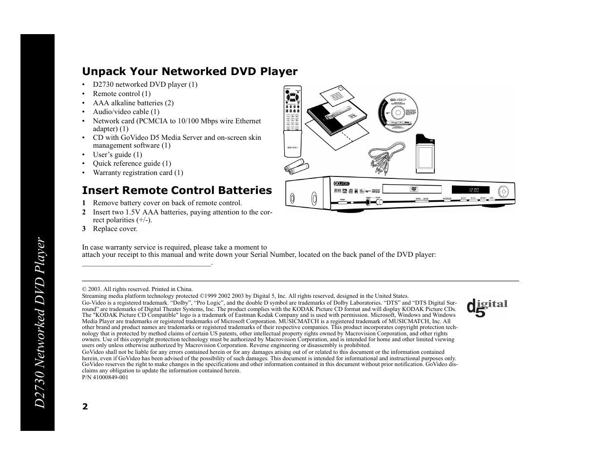 D2730 networked dvd player, Unpack your networked dvd player, Insert remote control batteries | GoVideo DVP950 User Manual | Page 2 / 62