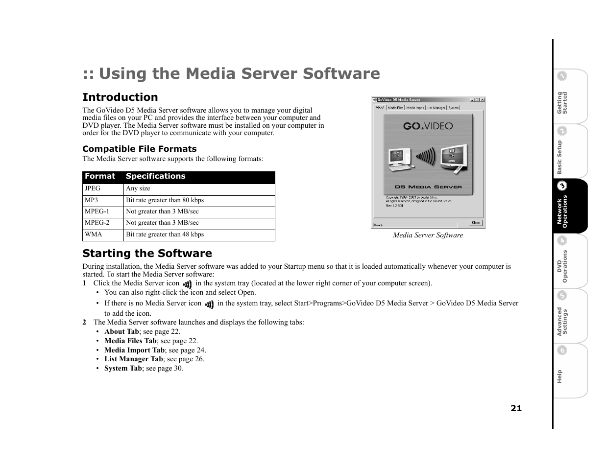 Using the media server software, Introduction, Compatible file formats | Starting the software | GoVideo DVP950 User Manual | Page 21 / 62