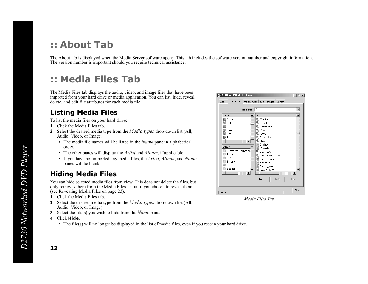 About tab, Media files tab, Listing media files | 1 click the media files tab, Hiding media files, 4 click hide, D2730 networked dvd player | GoVideo DVP950 User Manual | Page 22 / 62