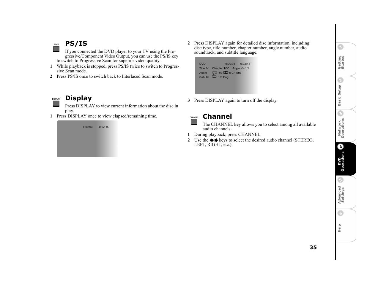 Ps/is, Display, 3 press display again to turn off the display | Channel, 1 during playback, press channel | GoVideo DVP950 User Manual | Page 35 / 62