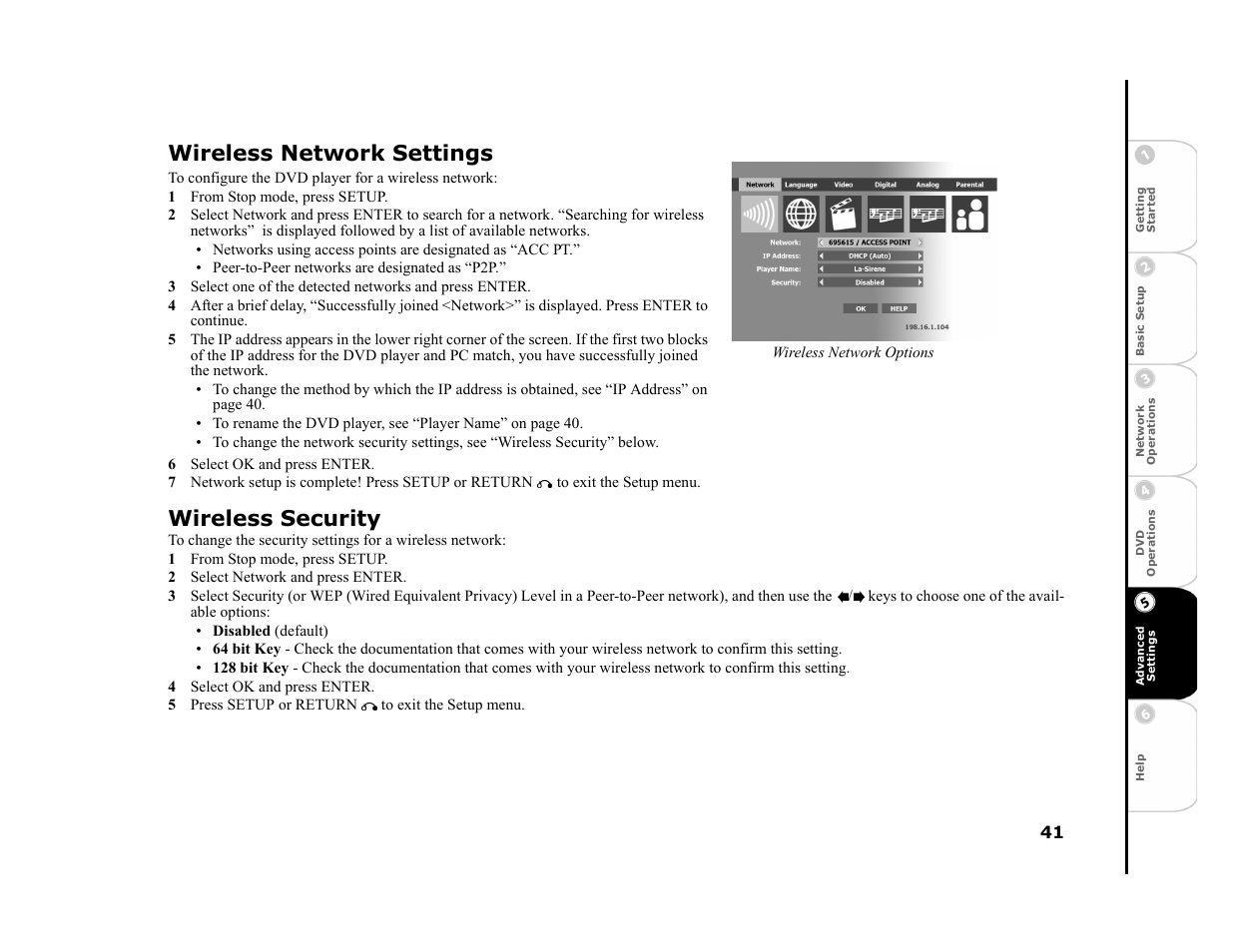 Wireless network settings, 1 from stop mode, press setup, 6 select ok and press enter | Wireless security, 2 select network and press enter, 4 select ok and press enter, 5 press setup or return to exit the setup menu | GoVideo DVP950 User Manual | Page 41 / 62