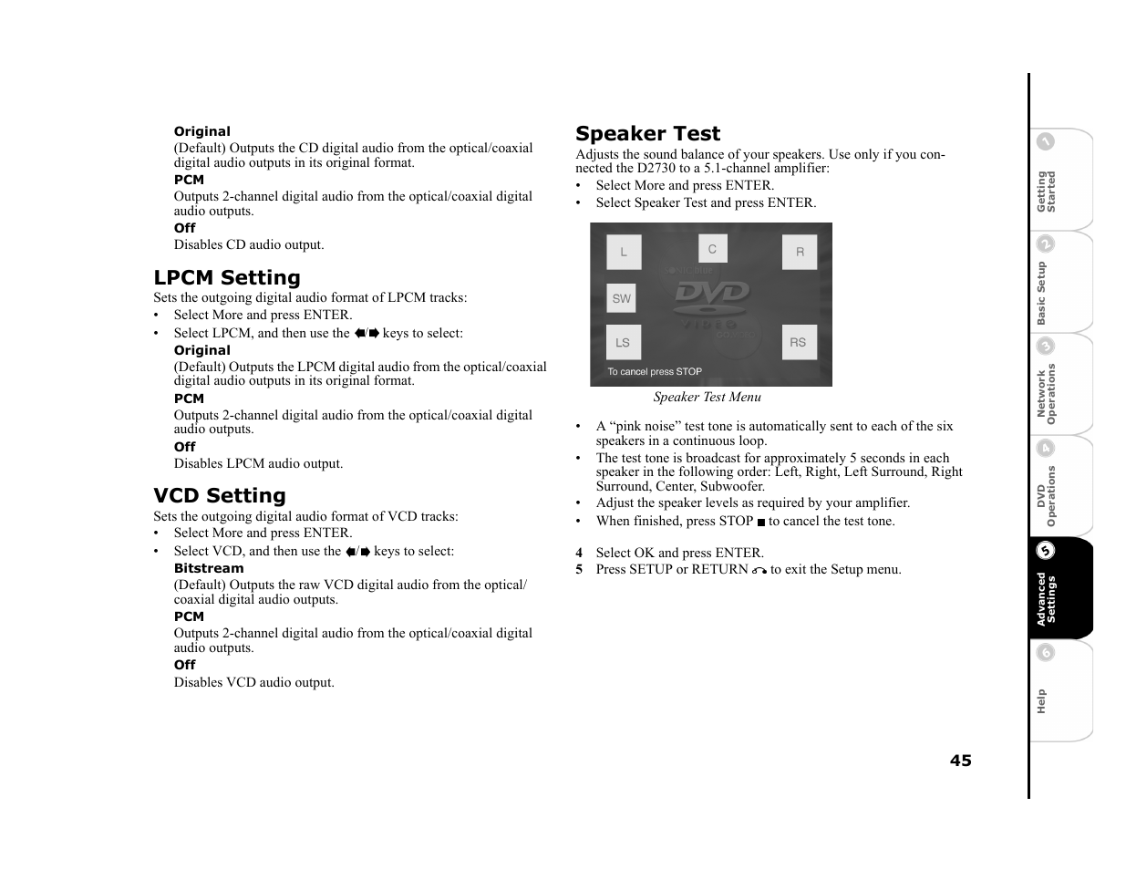 Original, Lpcm setting, Vcd setting | Bitstream, Speaker test, 4 select ok and press enter, 5 press setup or return to exit the setup menu | GoVideo DVP950 User Manual | Page 45 / 62