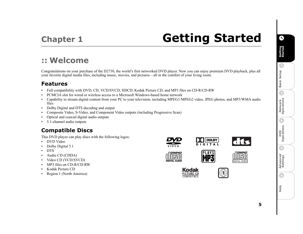 Chapter 1 getting started, Welcome, Features | Compatible discs, 1 - getting started, Getting started, Chapter 1 | GoVideo DVP950 User Manual | Page 5 / 62