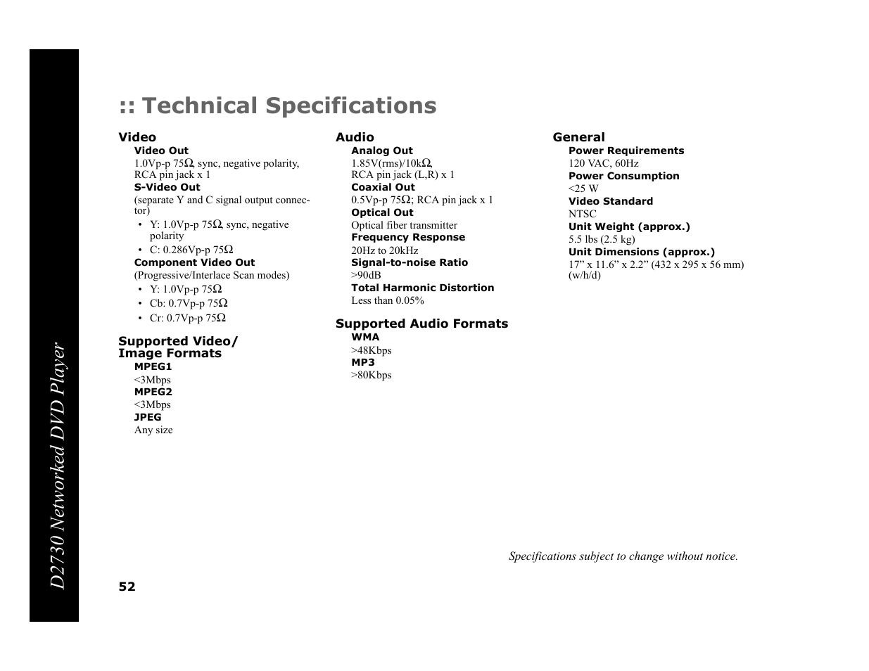 Technical specifications, Video, Video out | S-video out, Component video out, Supported video/ image formats, Mpeg1, Mpeg2, Jpeg, Audio | GoVideo DVP950 User Manual | Page 52 / 62