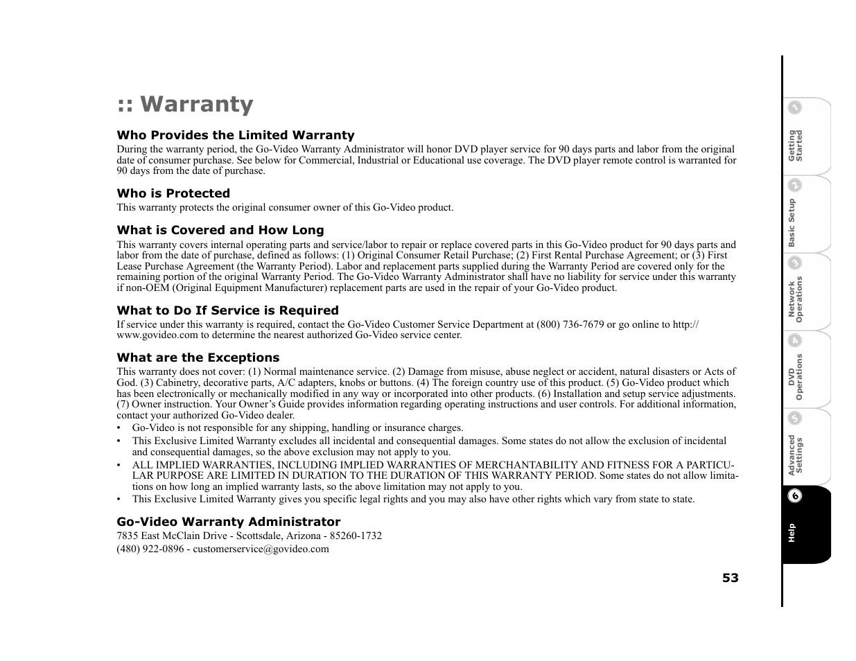 Warranty, Who provides the limited warranty, Who is protected | What is covered and how long, What to do if service is required, What are the exceptions, Go-video warranty administrator | GoVideo DVP950 User Manual | Page 53 / 62