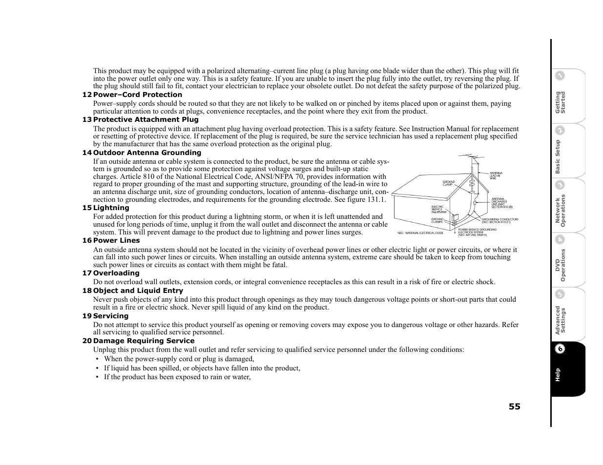 12 power–cord protection, 13 protective attachment plug, 14 outdoor antenna grounding | 15 lightning, 16 power lines, 17 overloading, 18 object and liquid entry, 19 servicing, 20 damage requiring service | GoVideo DVP950 User Manual | Page 55 / 62