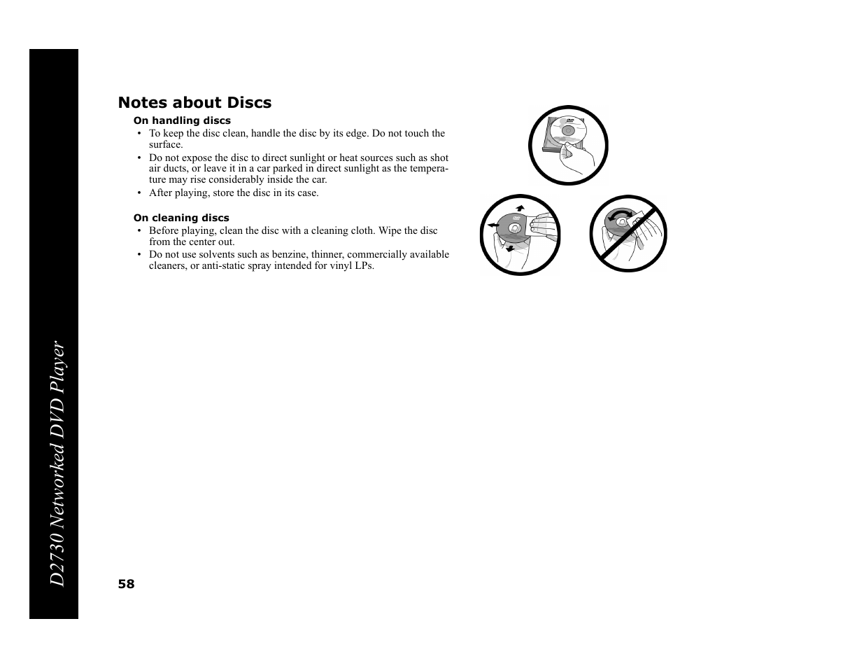 Notes about discs, On handling discs, On cleaning discs | D2730 networked dvd player | GoVideo DVP950 User Manual | Page 58 / 62