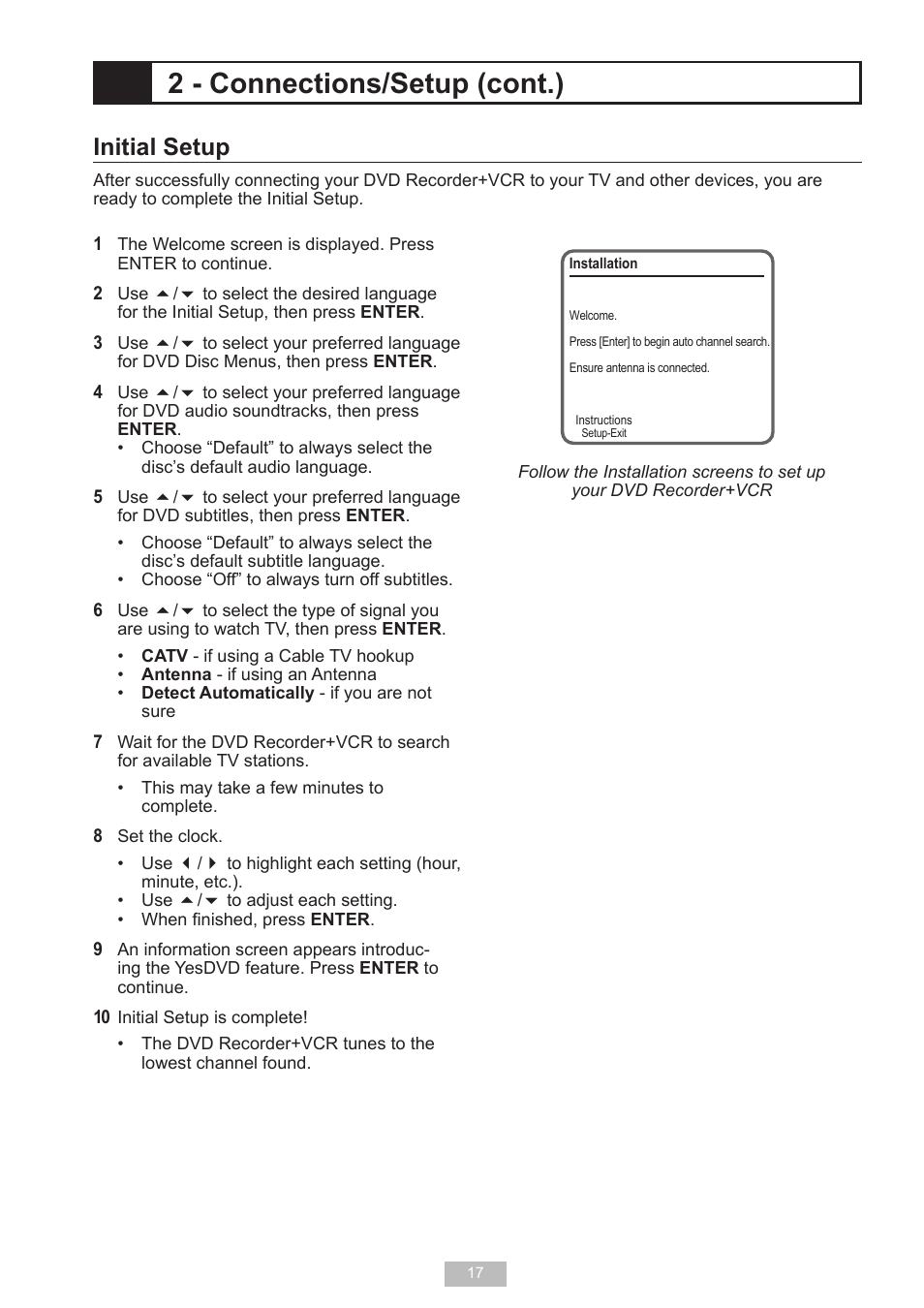 2 - connections/setup (cont.), Initial setup | GoVideo VR2940 User Manual | Page 17 / 48
