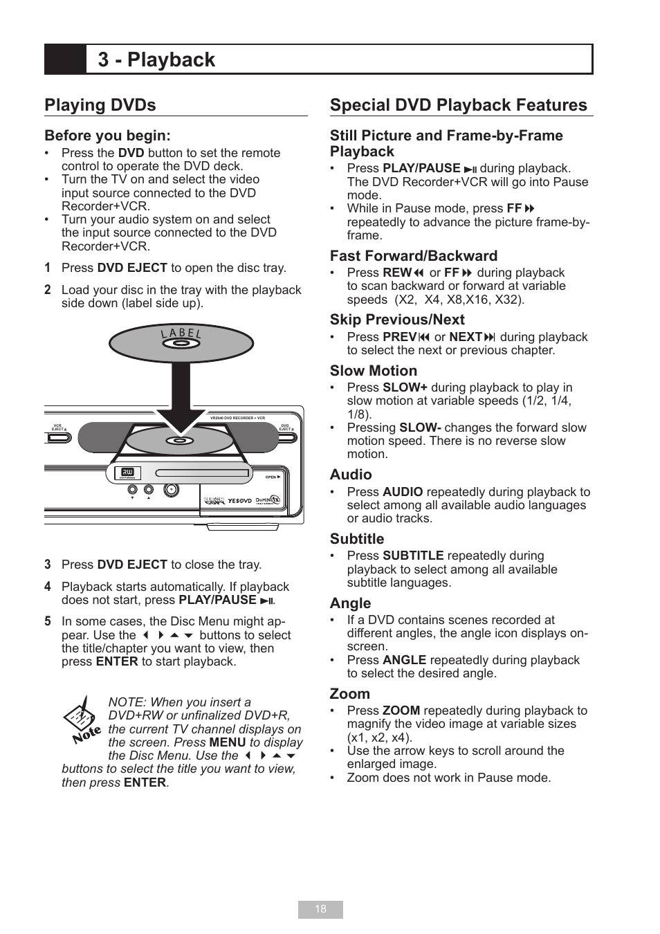 3 - playback, Playing dvds, Special dvd playback features | GoVideo VR2940 User Manual | Page 18 / 48