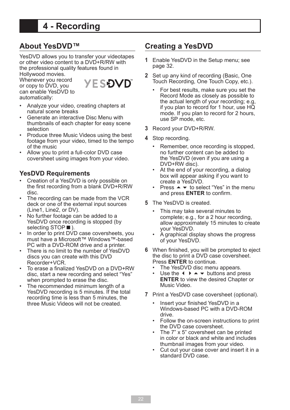 4 - recording, About yesdvd, Creating a yesdvd | GoVideo VR2940 User Manual | Page 22 / 48