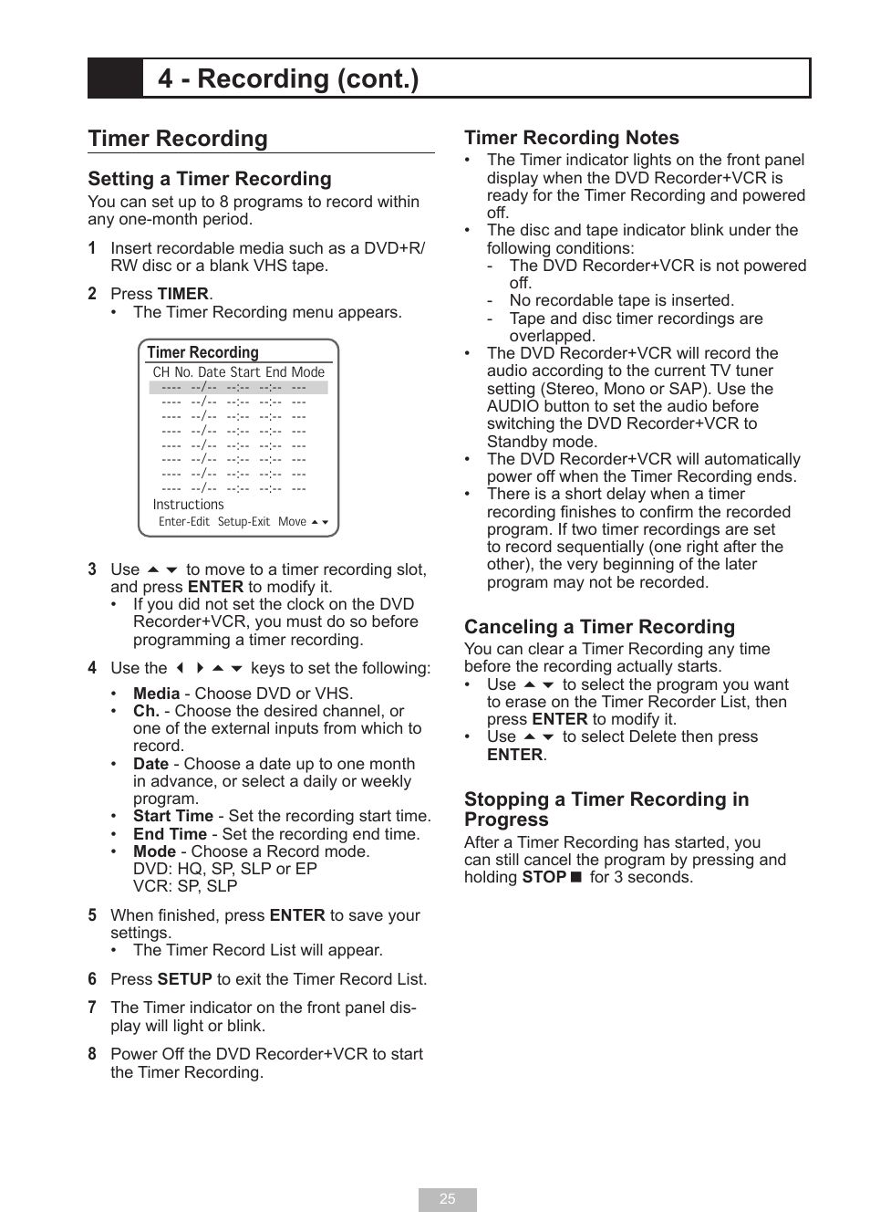 4 - recording (cont.), Timer recording | GoVideo VR2940 User Manual | Page 25 / 48