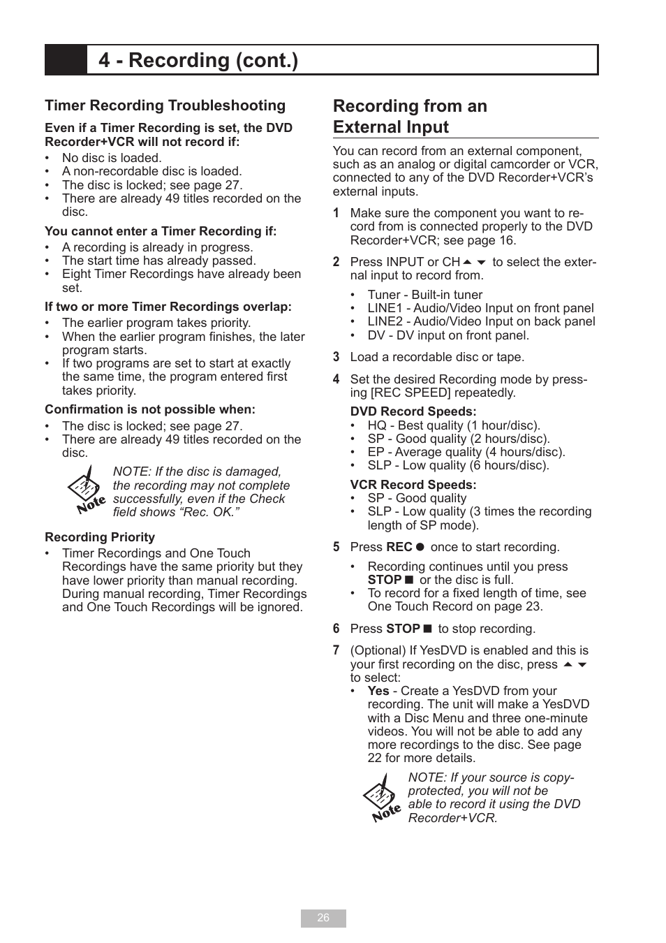 4 - recording (cont.), Recording from an external input | GoVideo VR2940 User Manual | Page 26 / 48