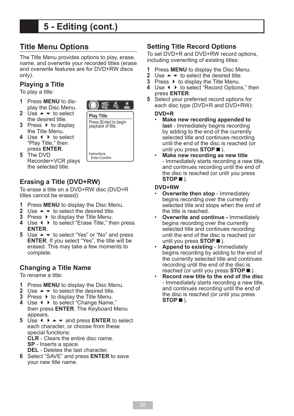 5 - editing (cont.), Title menu options | GoVideo VR2940 User Manual | Page 28 / 48