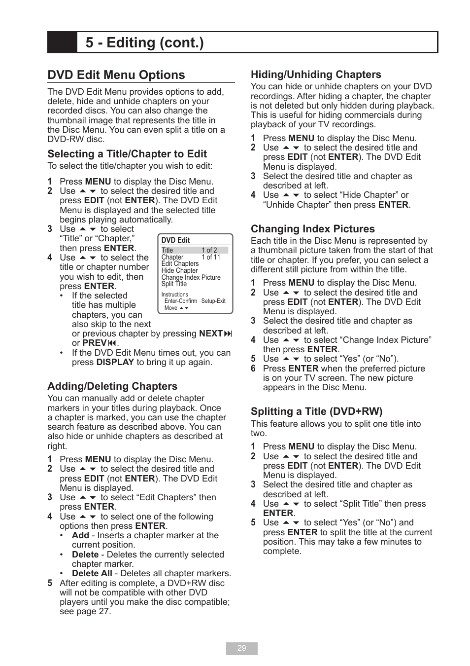 5 - editing (cont.), Dvd edit menu options | GoVideo VR2940 User Manual | Page 29 / 48