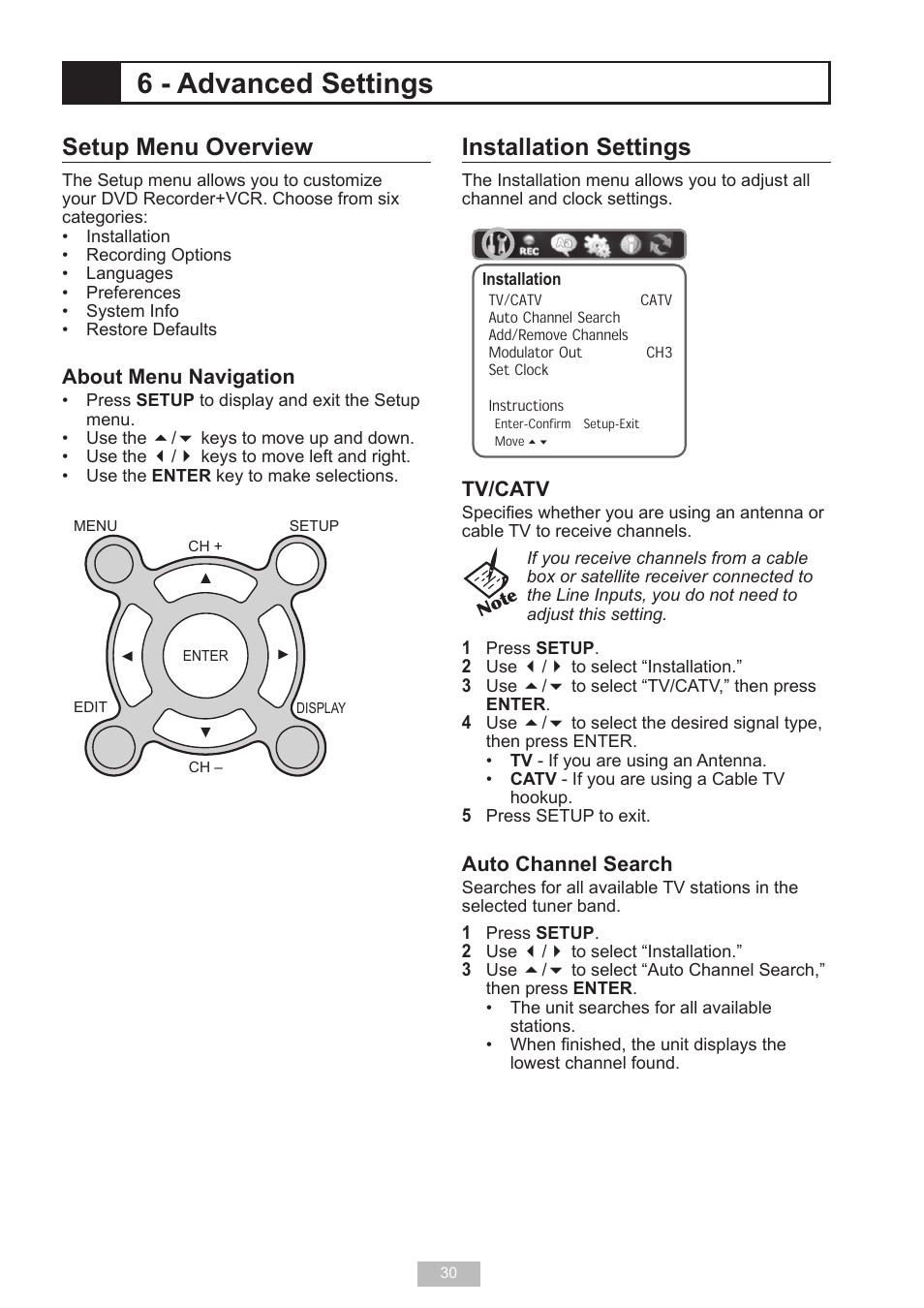 6 - advanced settings, Setup menu overview, Installation settings | GoVideo VR2940 User Manual | Page 30 / 48
