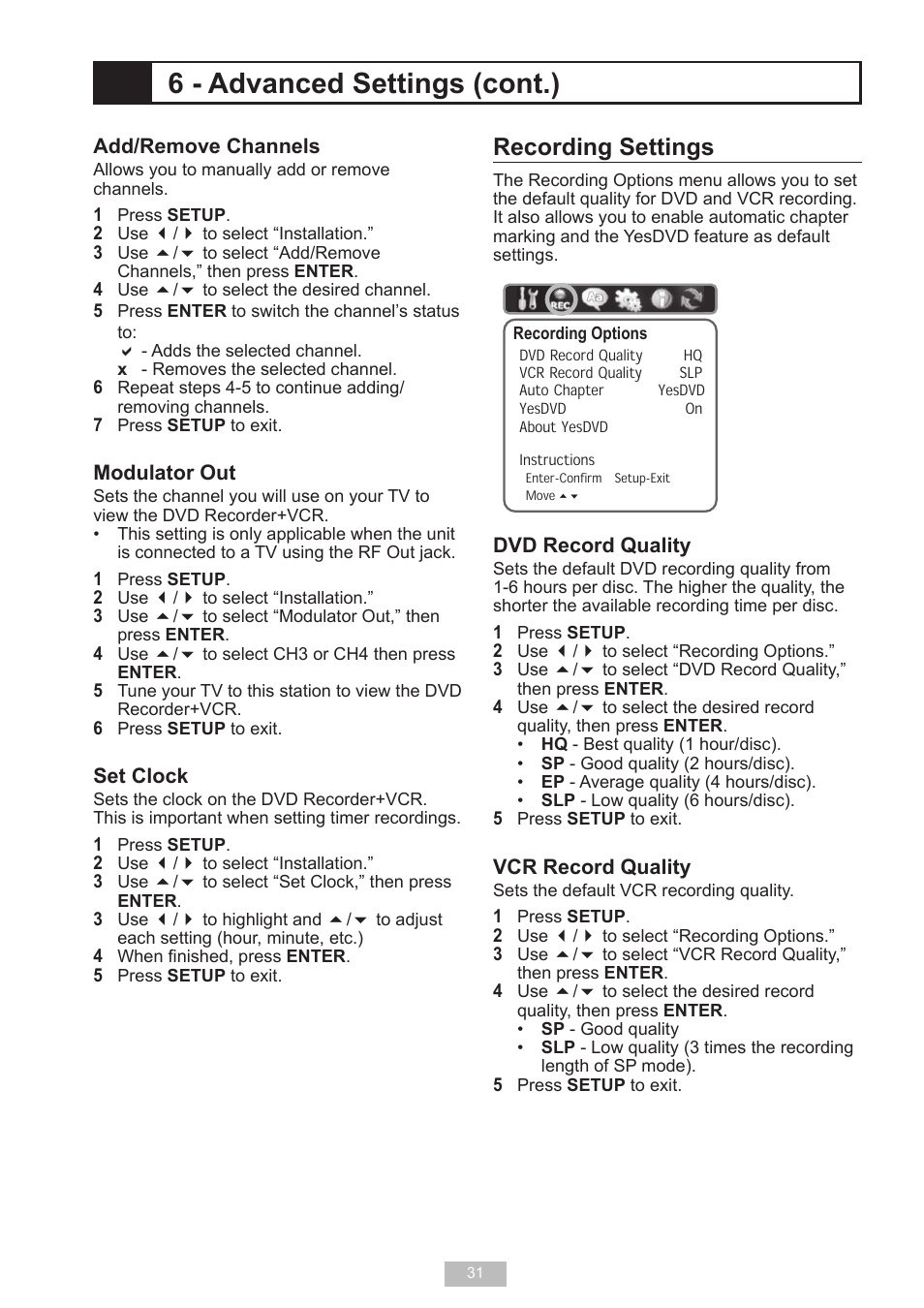 6 - advanced settings (cont.), Recording settings | GoVideo VR2940 User Manual | Page 31 / 48