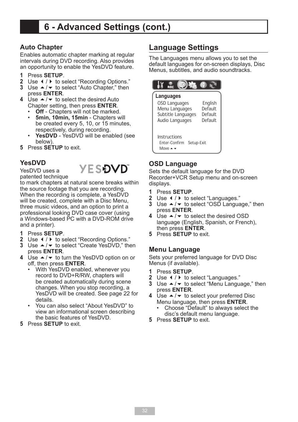 6 - advanced settings (cont.), Language settings | GoVideo VR2940 User Manual | Page 32 / 48