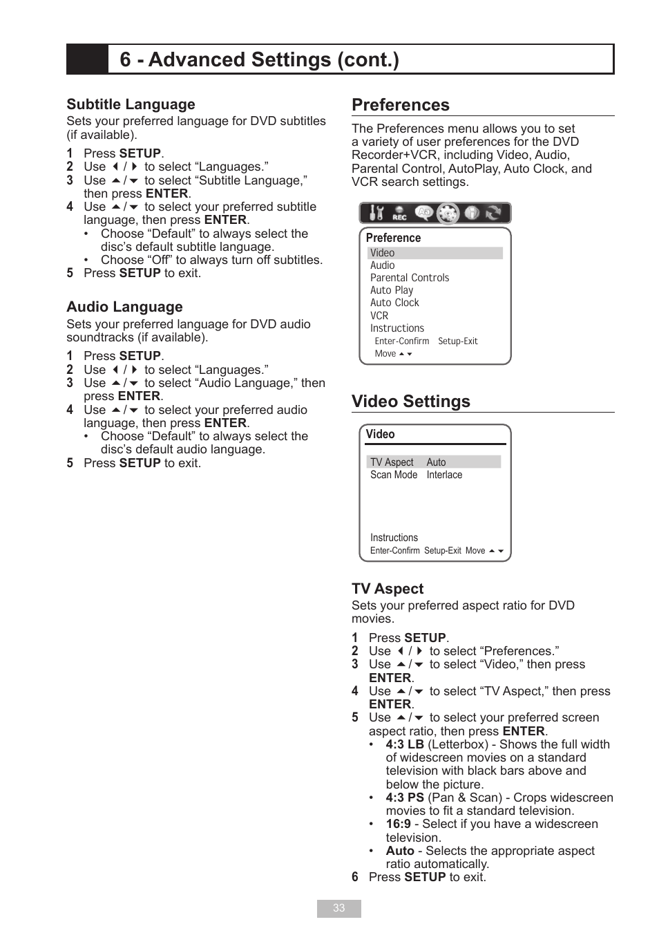 6 - advanced settings (cont.), Preferences, Video settings | GoVideo VR2940 User Manual | Page 33 / 48