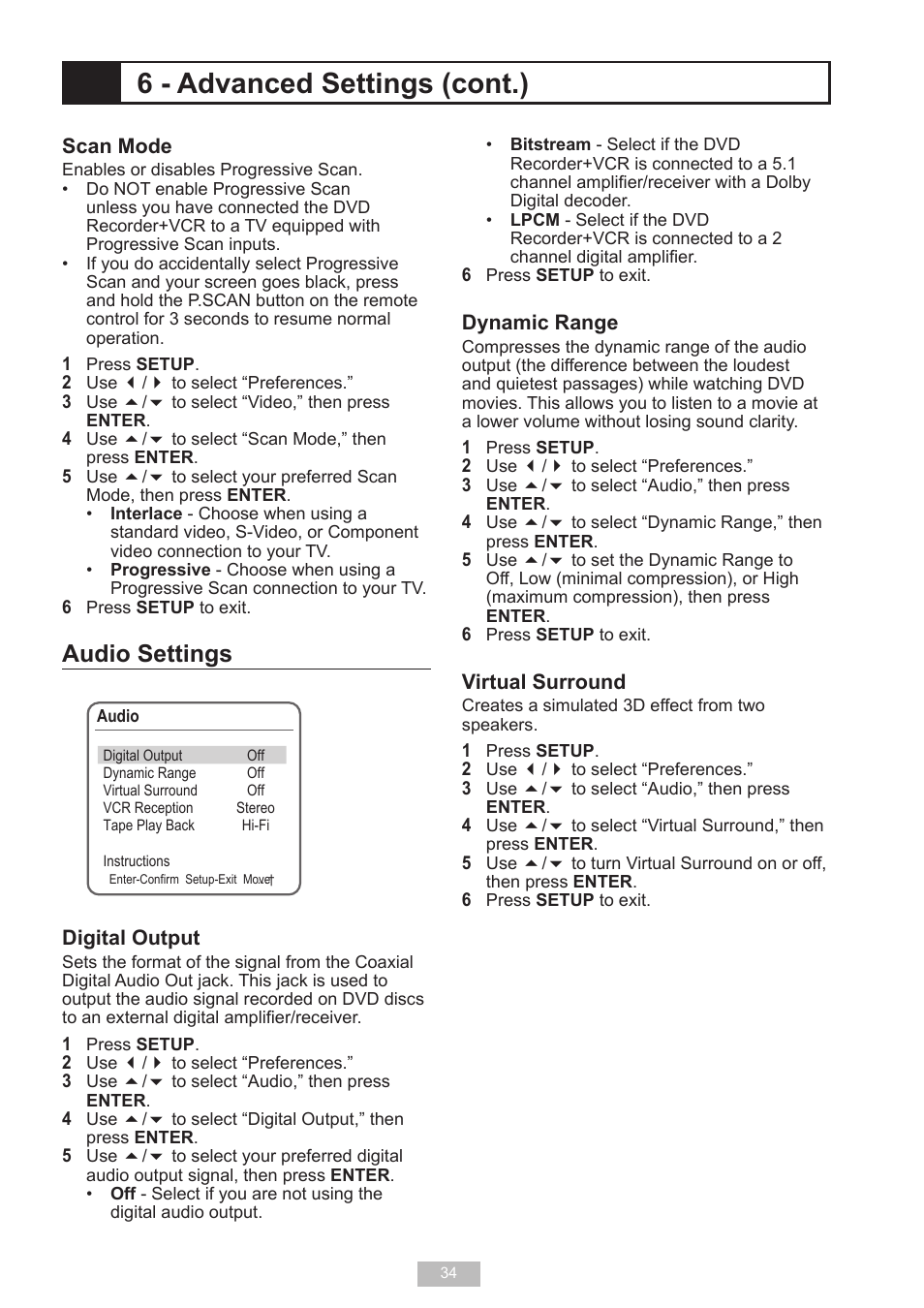 6 - advanced settings (cont.), Audio settings | GoVideo VR2940 User Manual | Page 34 / 48
