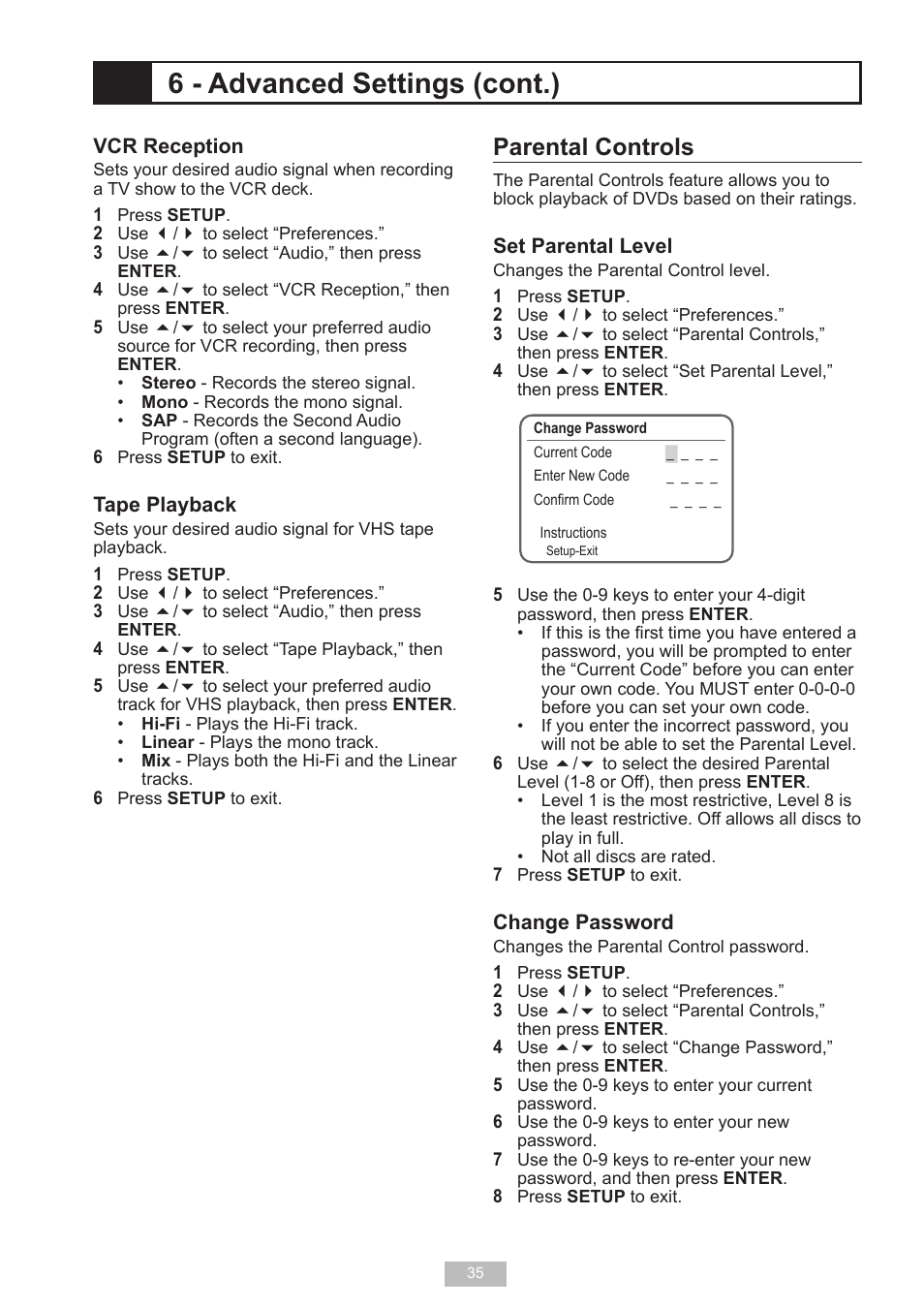 6 - advanced settings (cont.), Parental controls | GoVideo VR2940 User Manual | Page 35 / 48
