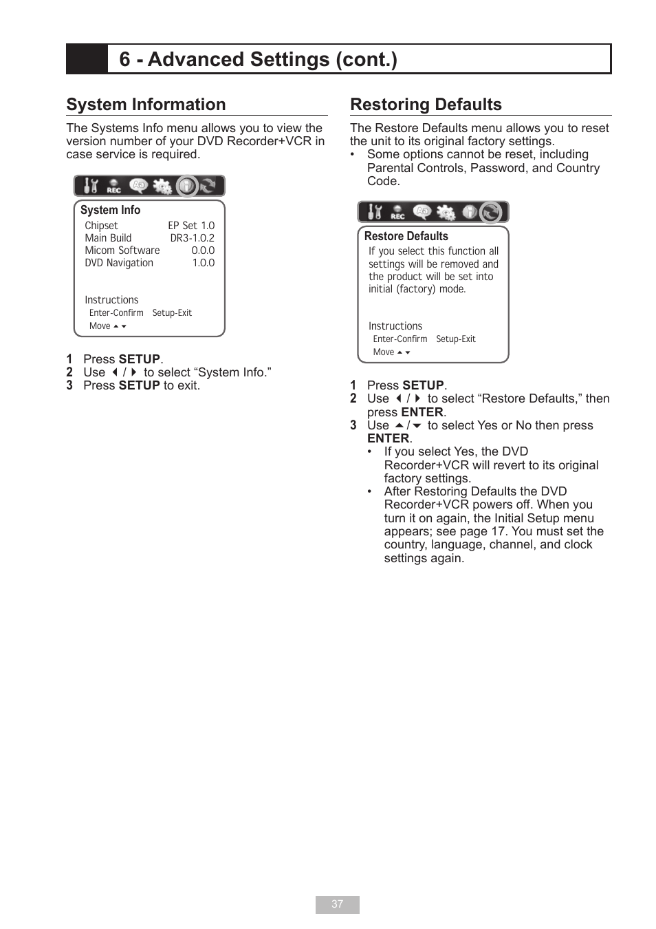 6 - advanced settings (cont.), System information, Restoring defaults | GoVideo VR2940 User Manual | Page 37 / 48