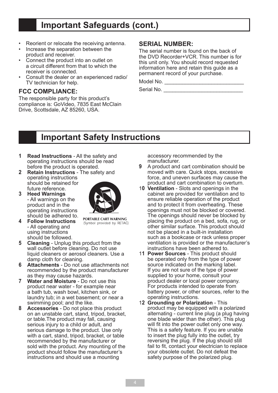 Important safeguards (cont.), Important safety instructions | GoVideo VR2940 User Manual | Page 4 / 48