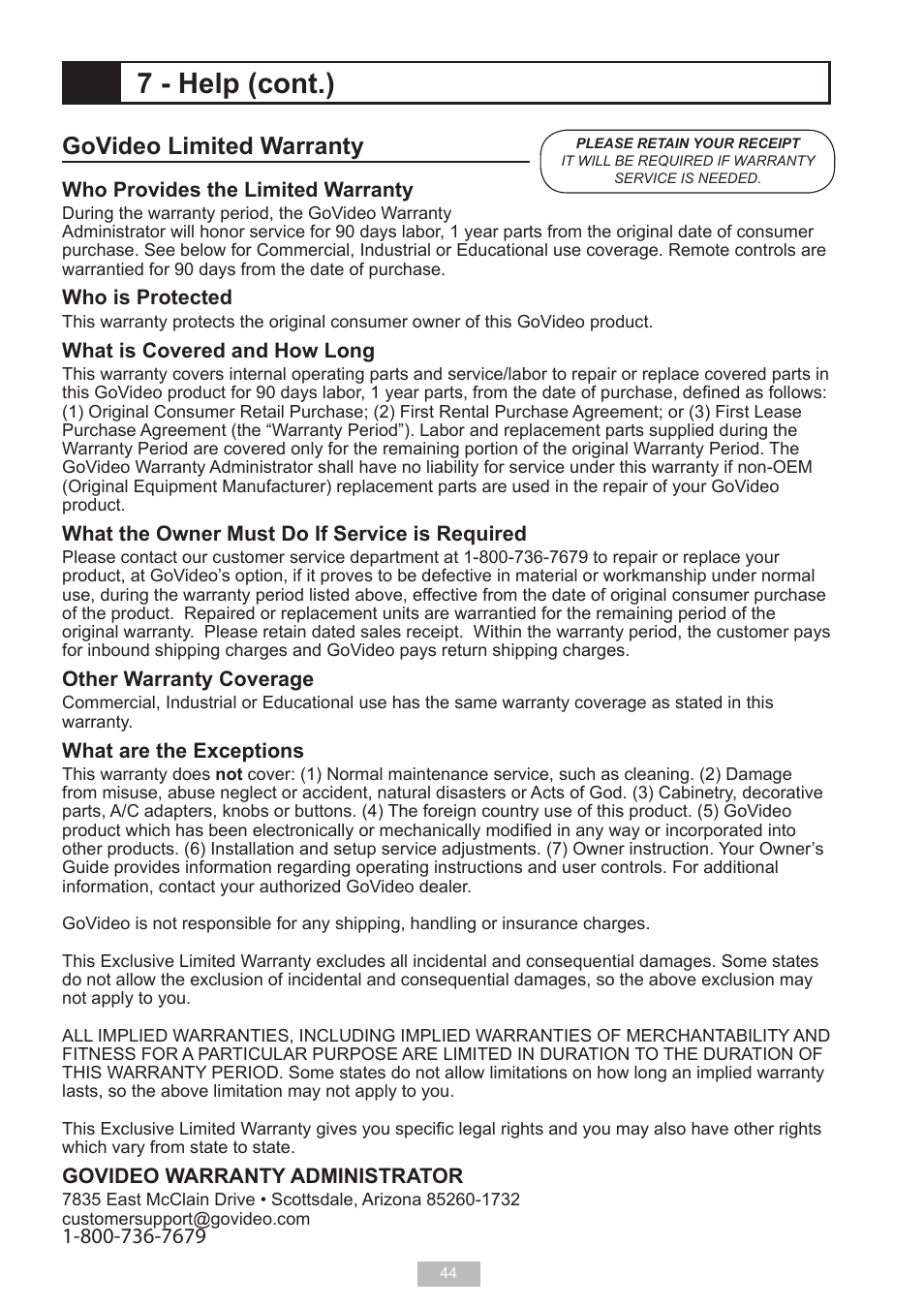 7 - help (cont.), Govideo limited warranty | GoVideo VR2940 User Manual | Page 44 / 48