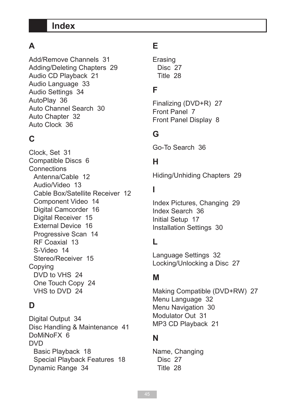Index | GoVideo VR2940 User Manual | Page 45 / 48