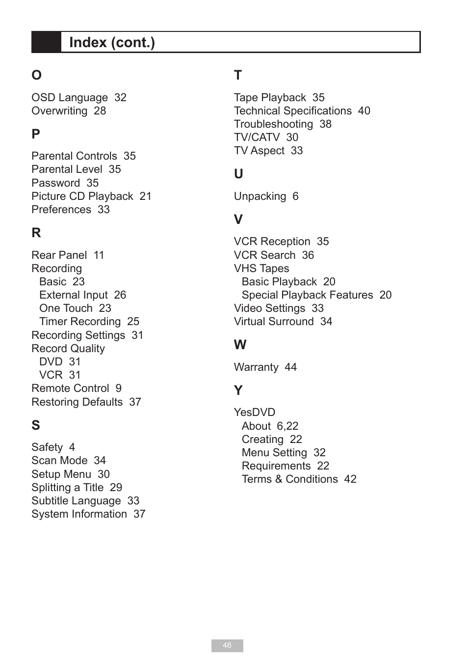 Index (cont.) | GoVideo VR2940 User Manual | Page 46 / 48