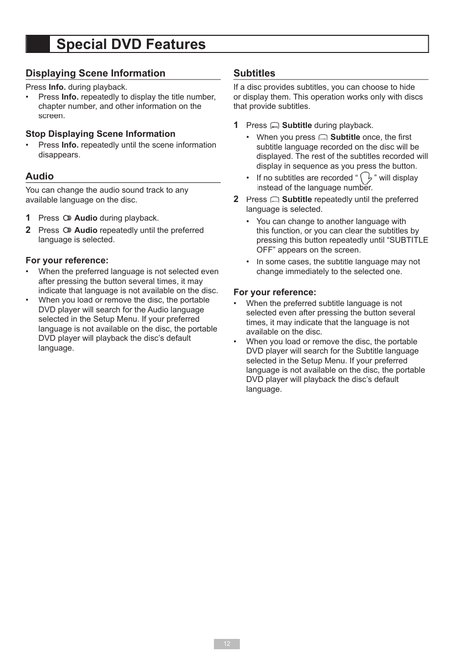 Special dvd features, Displaying scene information, Audio | Subtitles | GoVideo 525p User Manual | Page 12 / 30