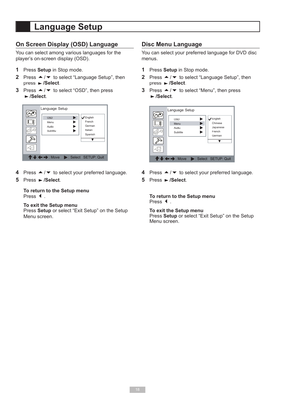 Language setup, On screen display (osd) language, Disc menu language | GoVideo 525p User Manual | Page 18 / 30