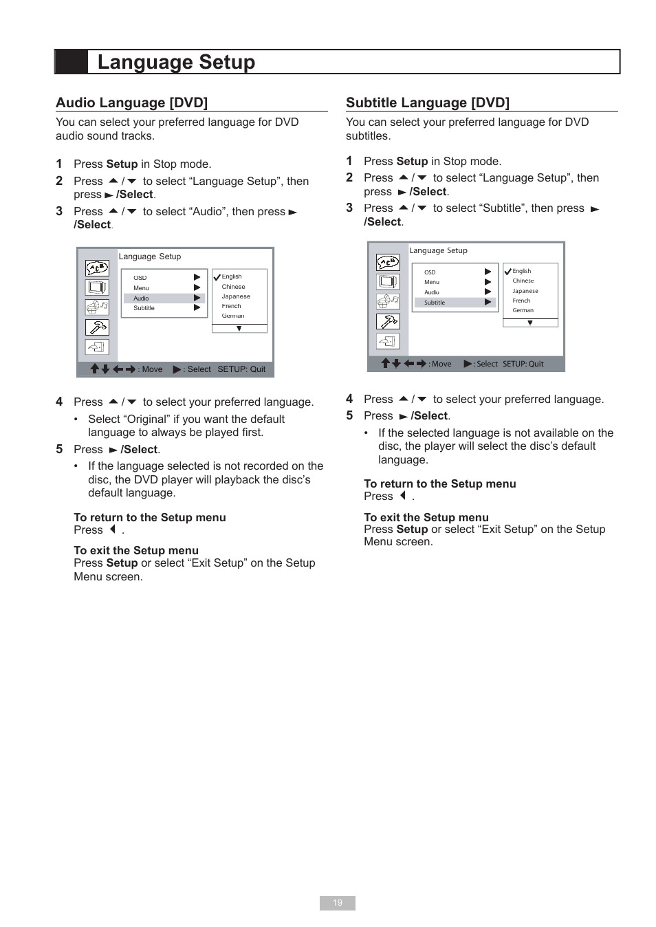Language setup, Subtitle language [dvd, Audio language [dvd | GoVideo 525p User Manual | Page 19 / 30