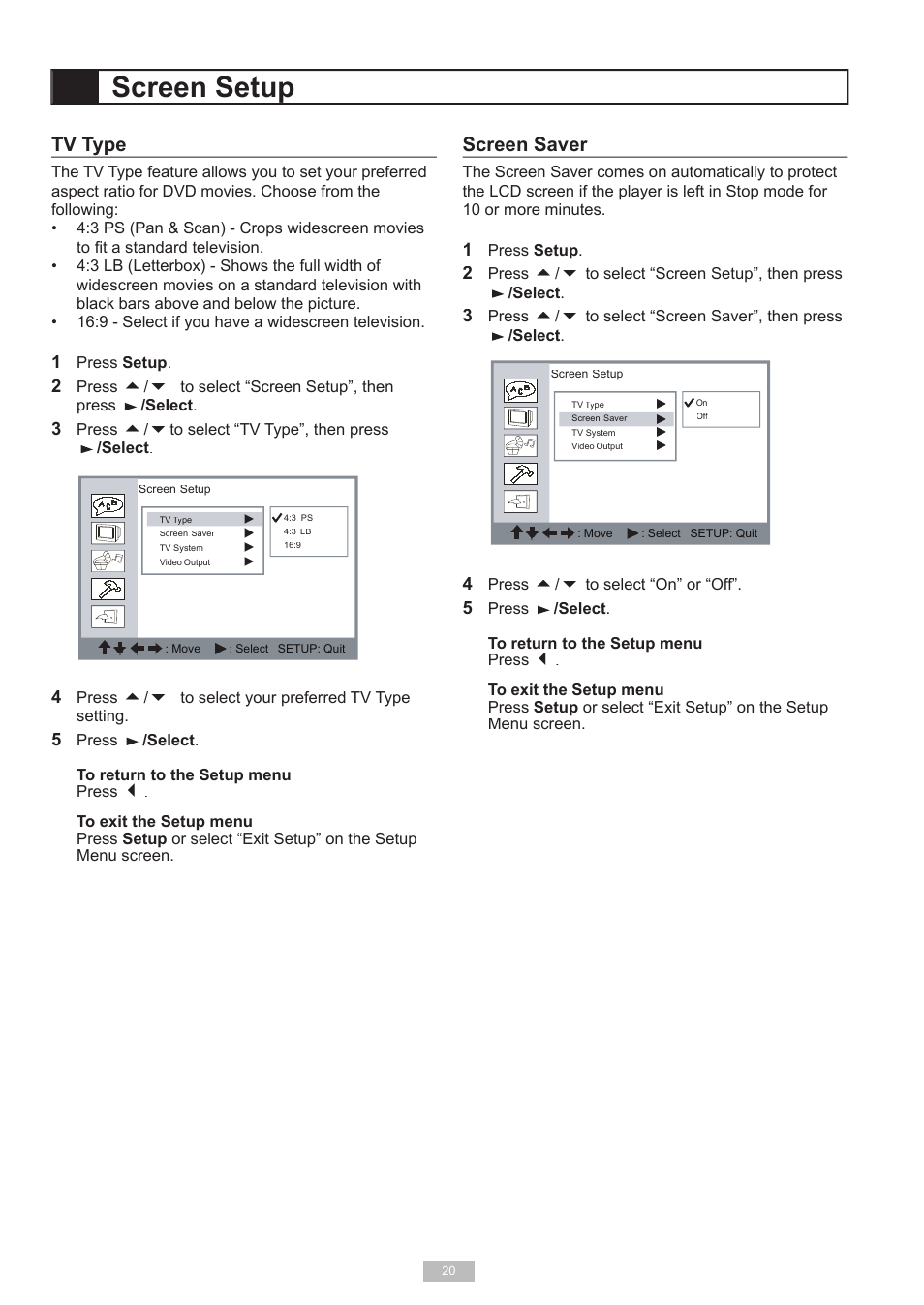Screen setup, Tv type, Screen saver | GoVideo 525p User Manual | Page 20 / 30