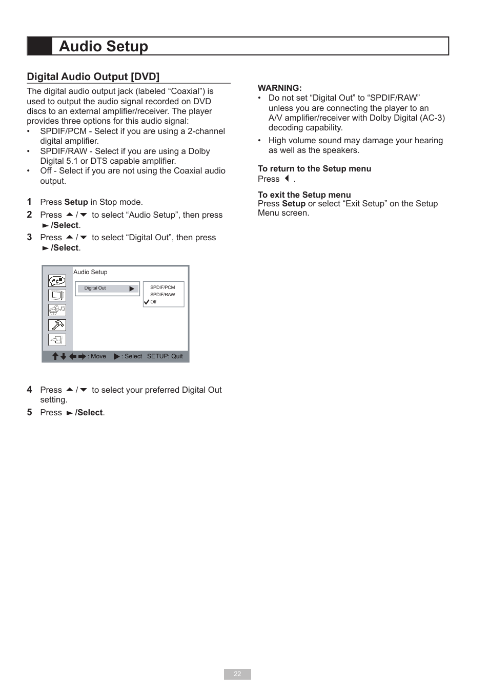 Audio setup, Digital audio output [dvd | GoVideo 525p User Manual | Page 22 / 30