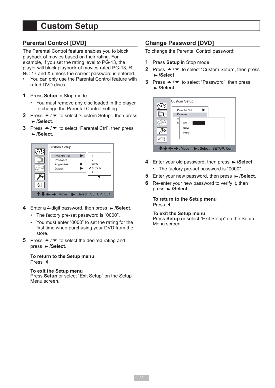 Custom setup, Parental control [dvd, Change password [dvd | GoVideo 525p User Manual | Page 23 / 30