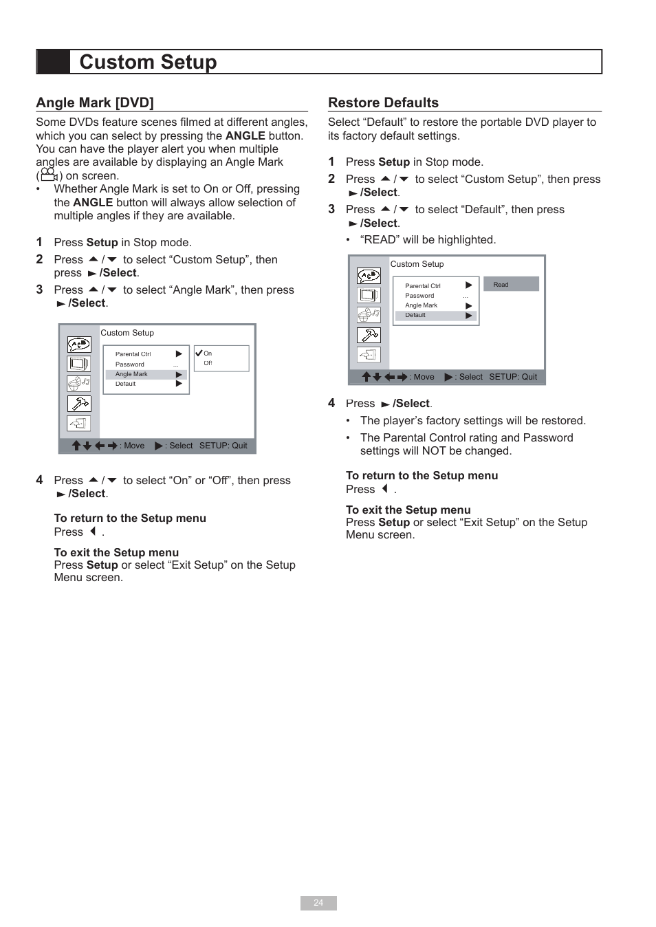 Custom setup, Restore defaults, Angle mark [dvd | GoVideo 525p User Manual | Page 24 / 30
