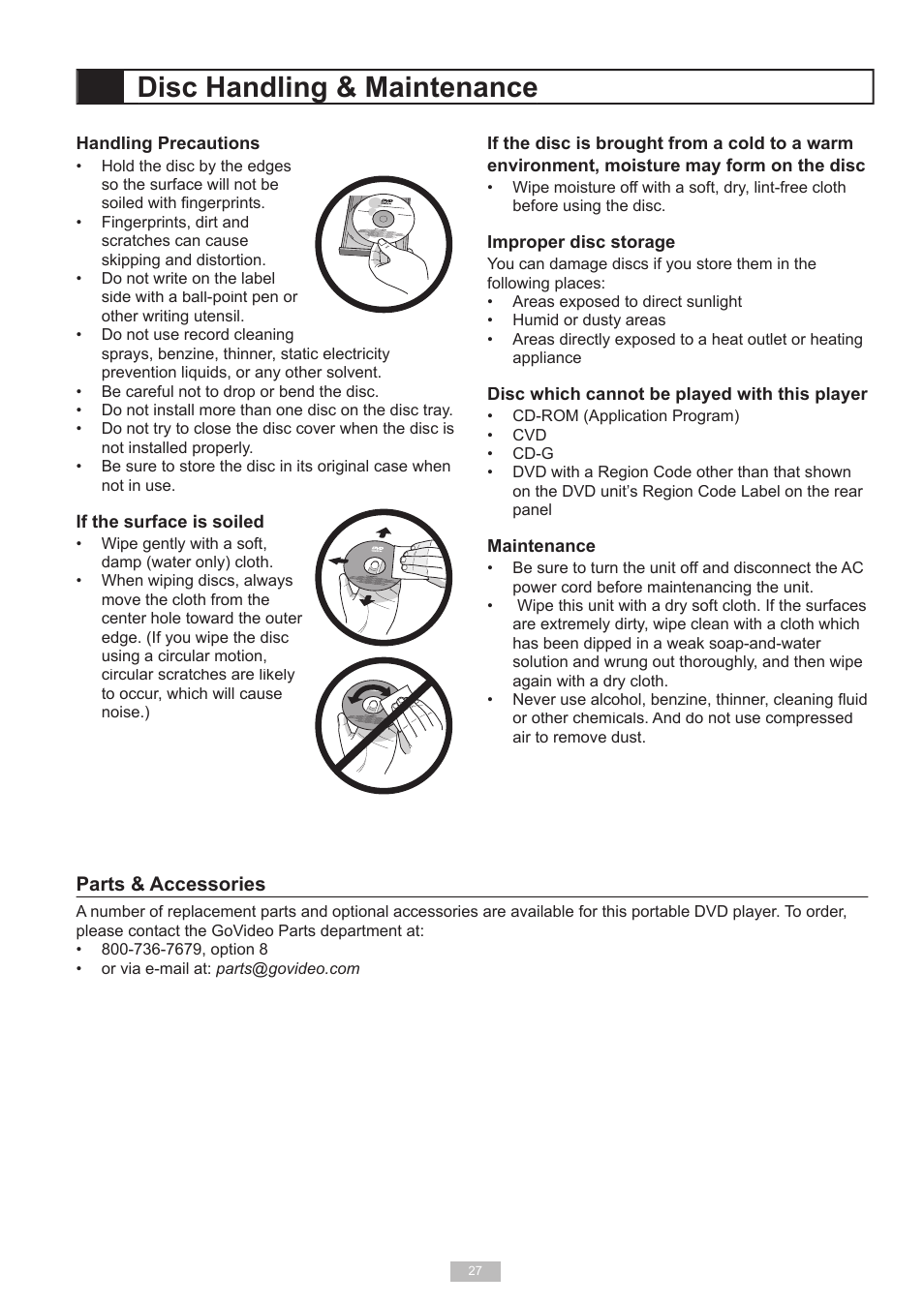 Disc handling & maintenance | GoVideo 525p User Manual | Page 27 / 30