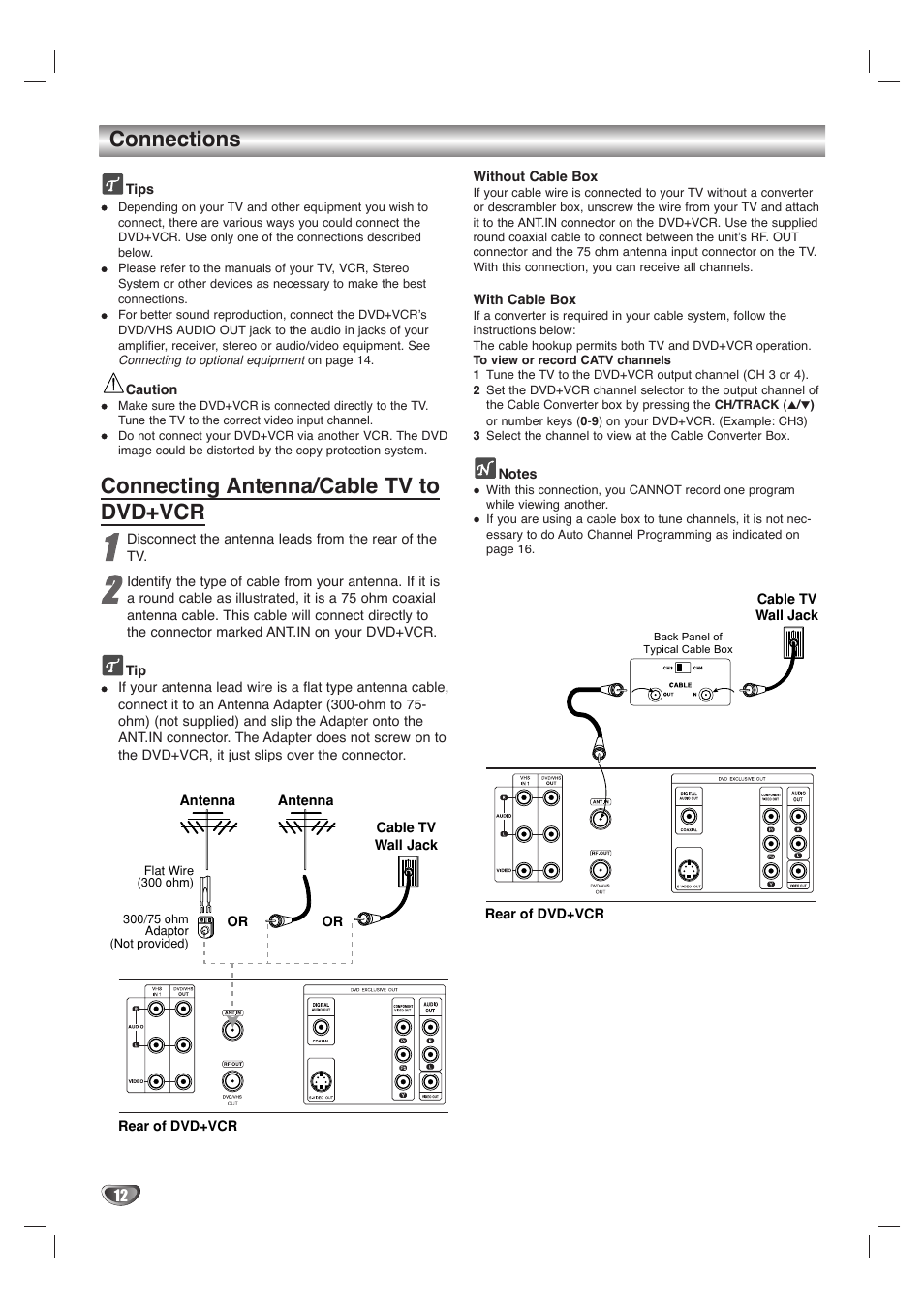 Connections, Connecting antenna/cable tv to dvd+vcr | GoVideo DVD/VCR Combo User Manual | Page 12 / 38